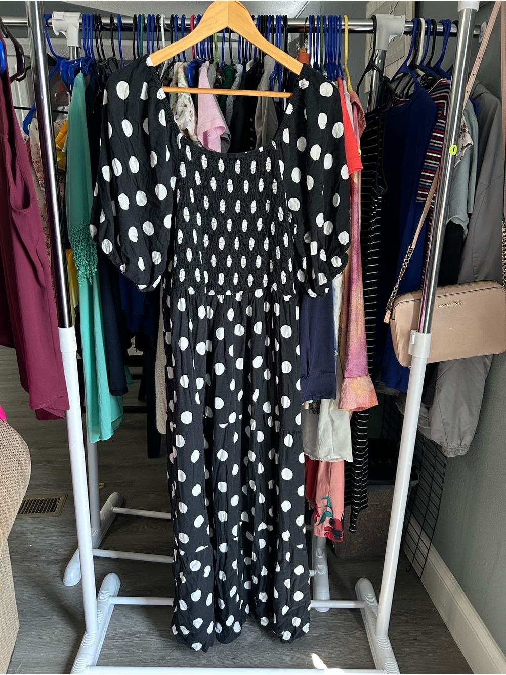 Smocked Black Maxi Dress with White Polka Dots